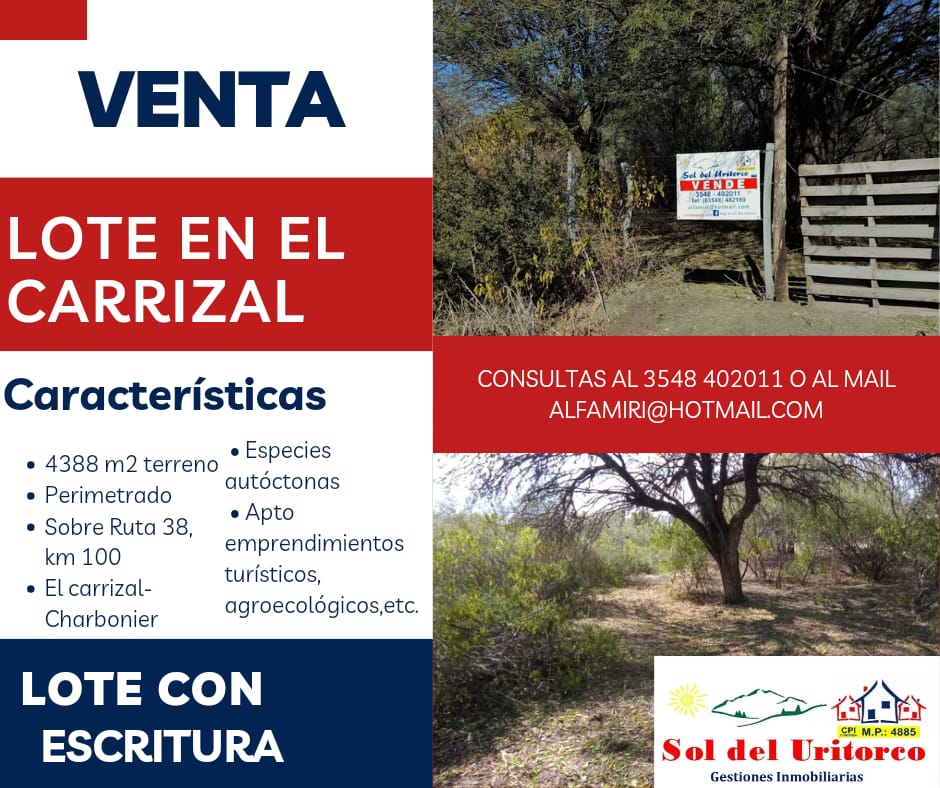 VENTA LOTE EN EL CARRIZAL- CHARBONIER-CÓRDOBA