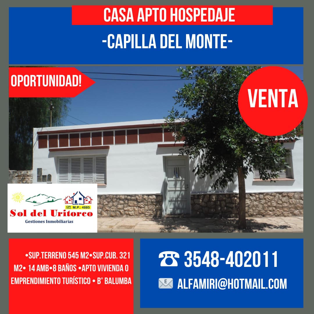 VENTA CASA, VIVIENDA Y DEPARTAMENTOS Y HABITACIONES CON BAÑO- B° BALUMBA-CAPILLA DEL MONTE