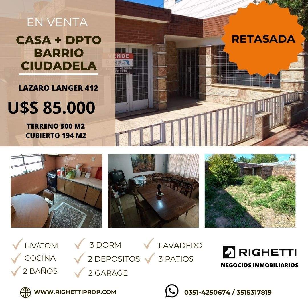 VENTA CASA 2 DORMITORIOS MAS DEPARTAMENTO BARRIO CIUDADELA A METROS DE VELEZ SARSFIELD