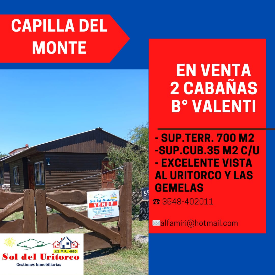 VENTA 2 CABAÑAS B VALENTI- CAPILLA DEL MONTE- OPORTUNIDAD