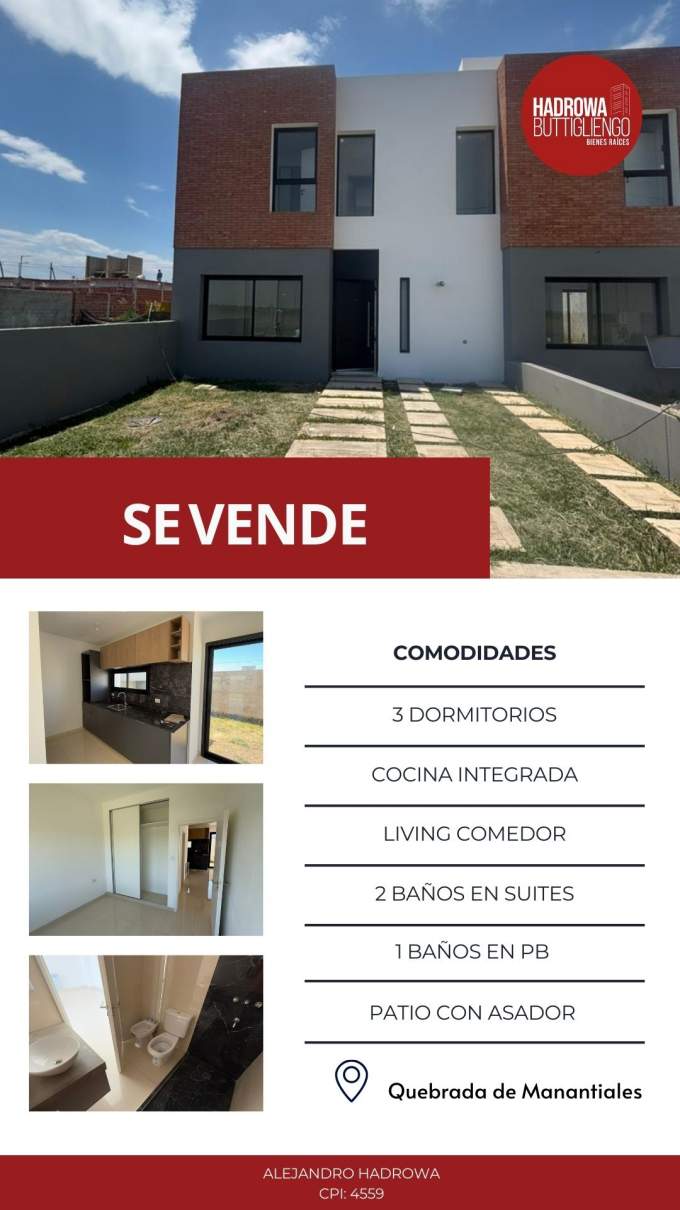 Duplex en venta de 3 dormitorios y 3 baños en Quebrada de Manantiales