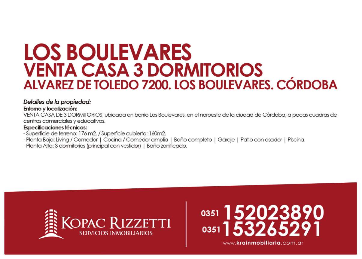 LOS BOULEVARES (ALVAREZ DE TOLEDO 7200) - VENTA CASA 3 DORM.