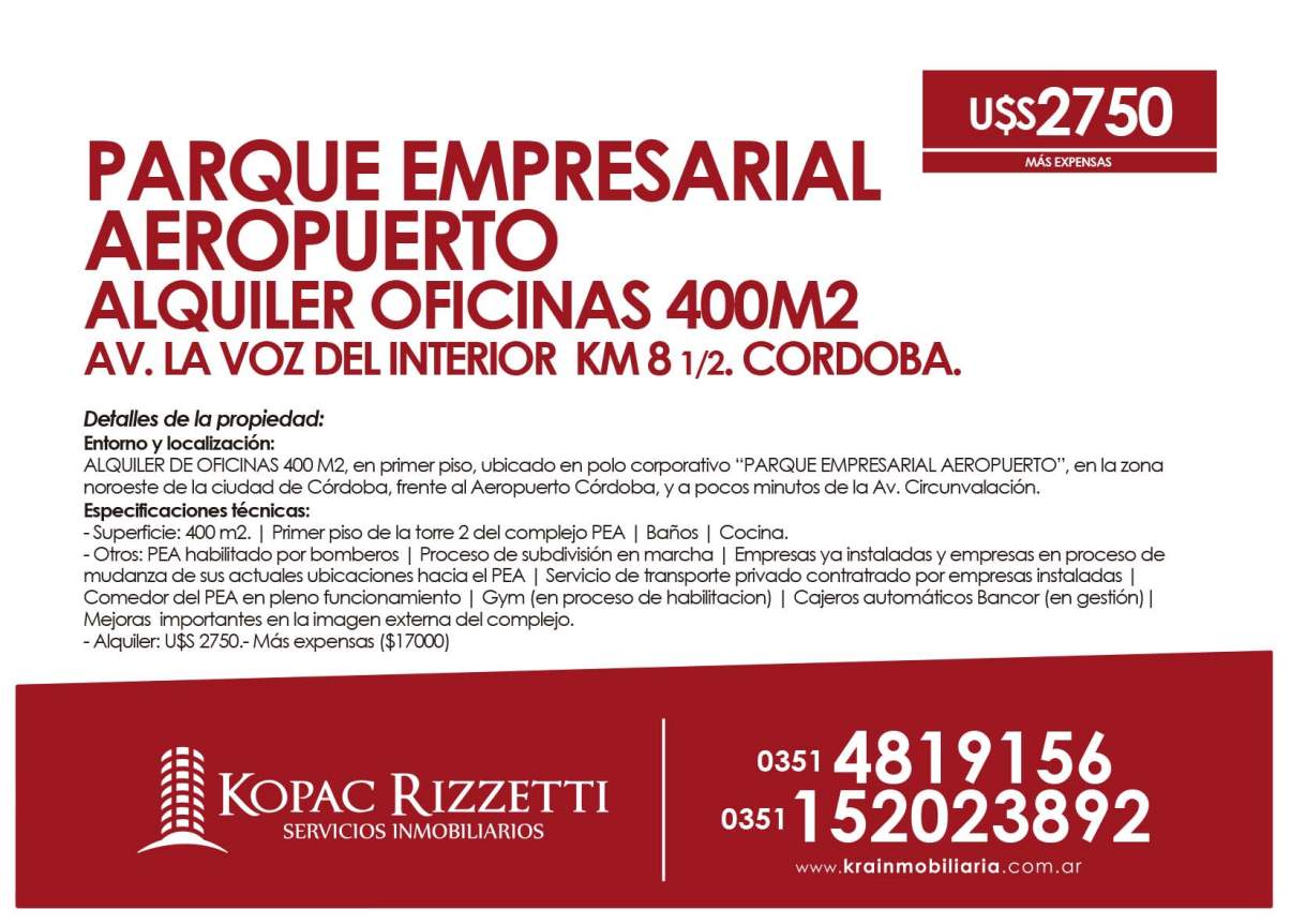 PARQUE EMPRESARIAL AEROPUERTO - ALQUILER OFICINAS 350M2